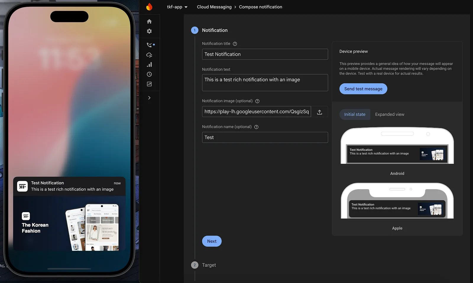 iOS rich push notification displaying an image attachment from Firebase Cloud Messaging